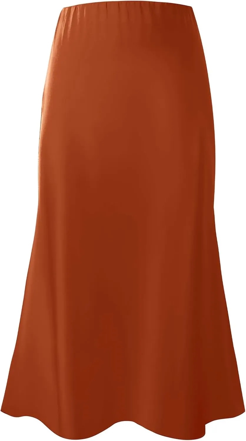 Komorebi Satin Skirt for Women High Waist Midi Skirt Elegant Silk Skirts Summer Casual Flared A Line Skirts