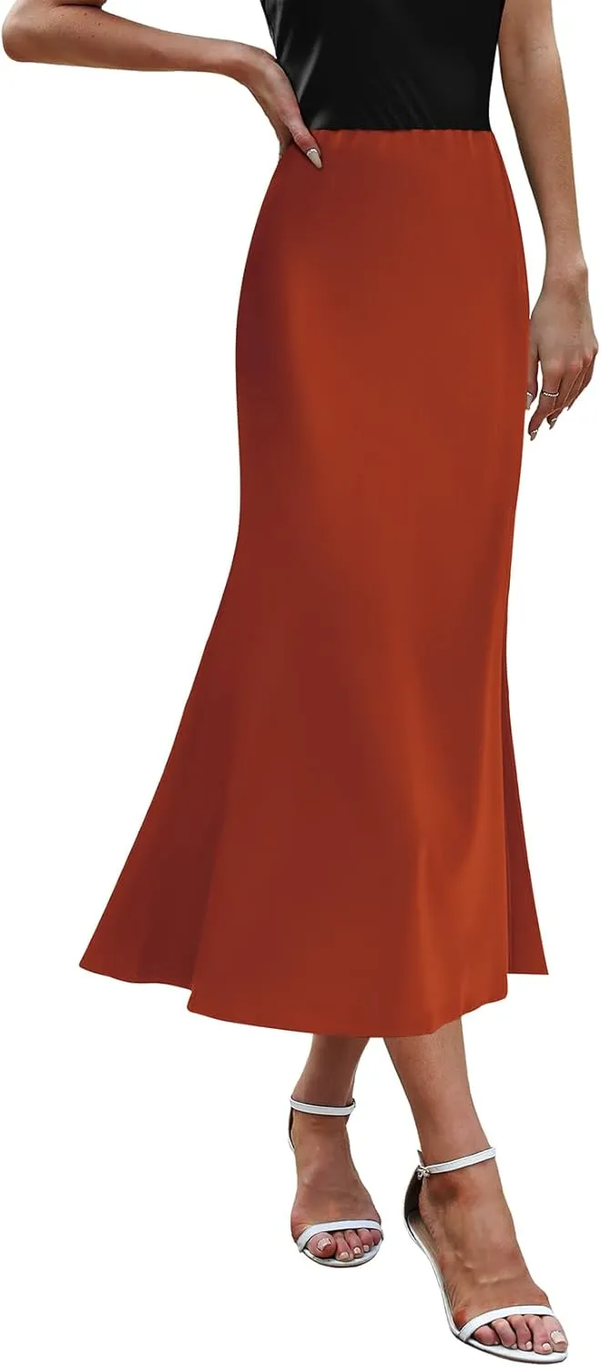 Komorebi Satin Skirt for Women High Waist Midi Skirt Elegant Silk Skirts Summer Casual Flared A Line Skirts
