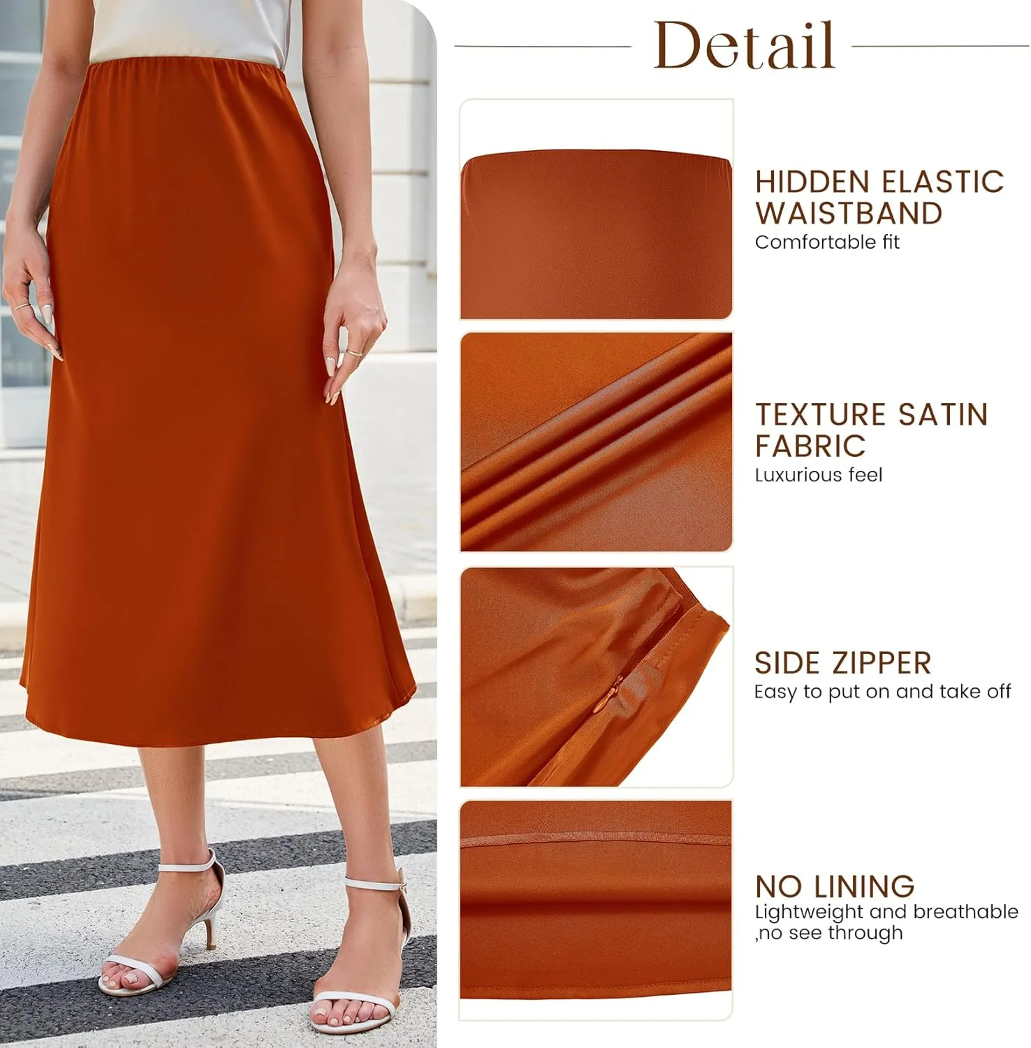 Komorebi Satin Skirt for Women High Waist Midi Skirt Elegant Silk Skirts Summer Casual Flared A Line Skirts