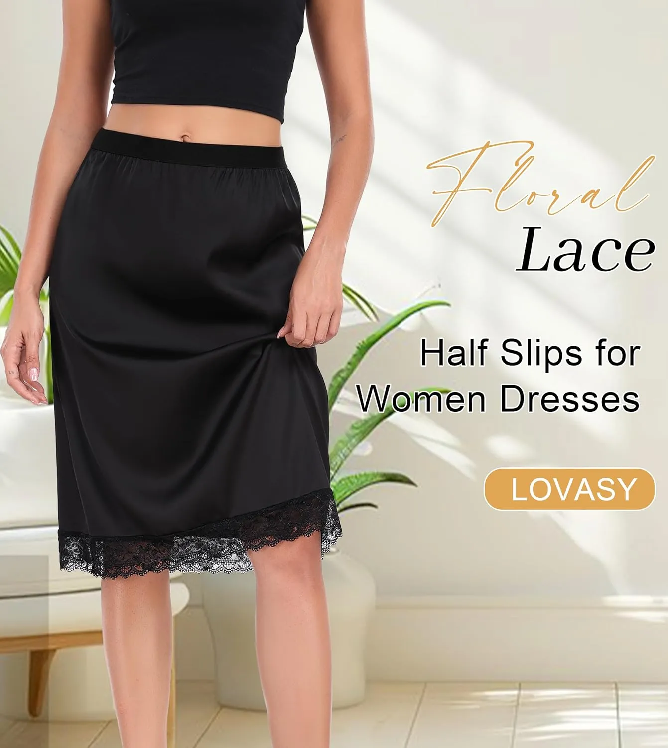Lovasy Women Satin Half Slips Lace Long Underskirt Anti Static Under Skirt Soft Slip Dress for Skirts Dresses S-3XL