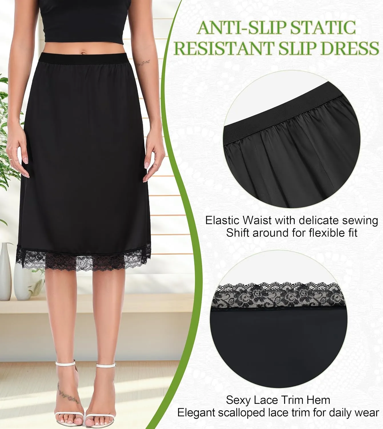 Lovasy Women Satin Half Slips Lace Long Underskirt Anti Static Under Skirt Soft Slip Dress for Skirts Dresses S-3XL