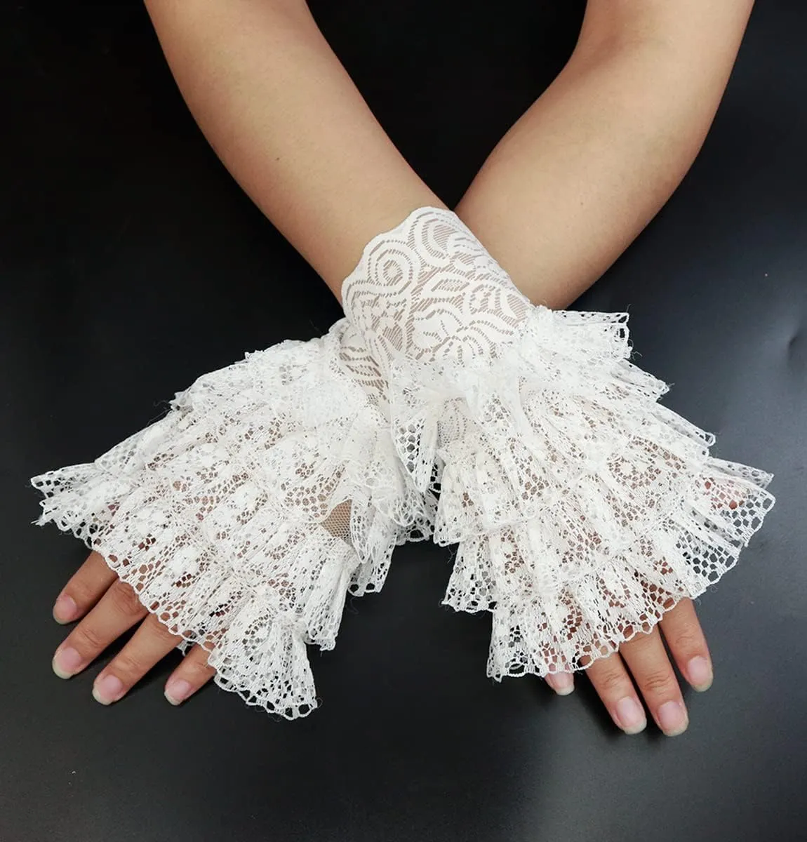 L'VOW 2Pcs Gothic Black Lace Feather Long Gloves for Women Halloween Witch Costume Swan Wristband Cuff