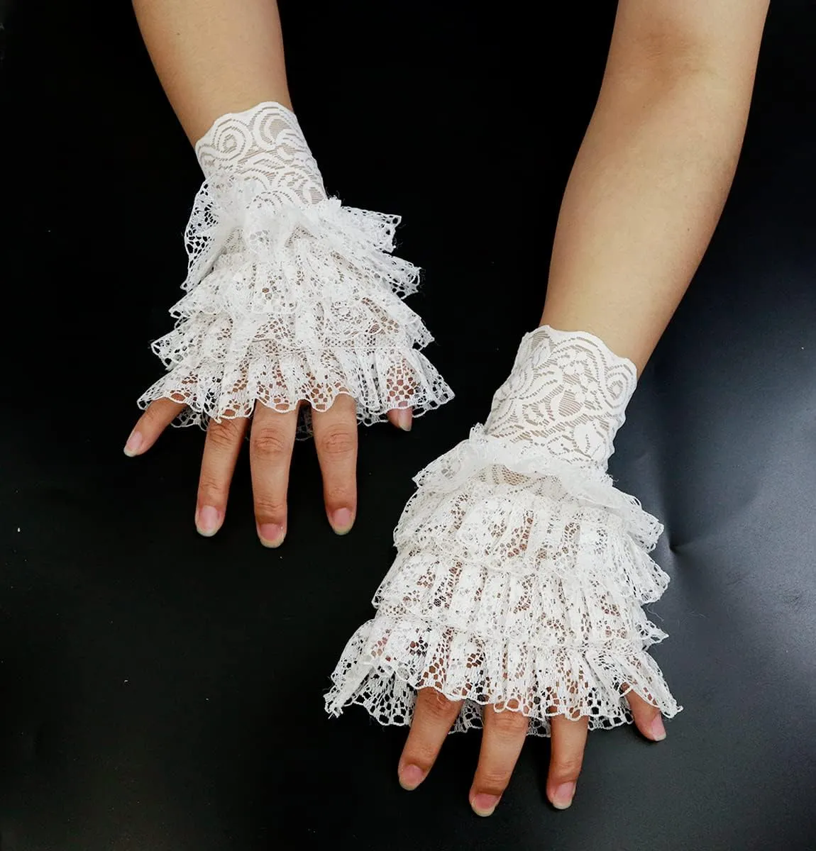 L'VOW 2Pcs Gothic Black Lace Feather Long Gloves for Women Halloween Witch Costume Swan Wristband Cuff