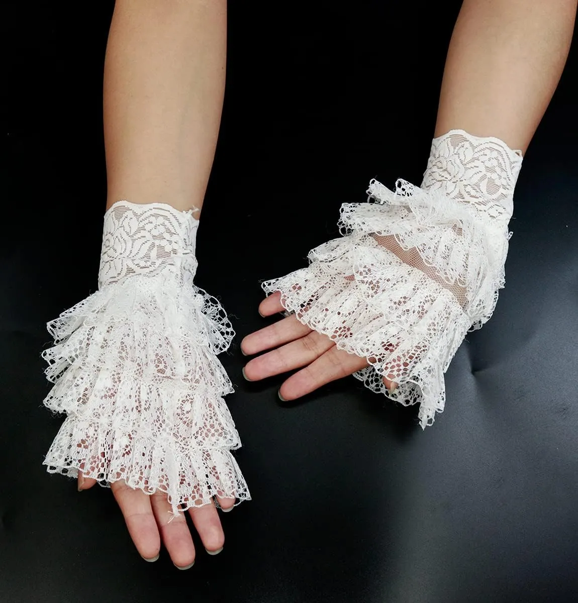 L'VOW 2Pcs Gothic Black Lace Feather Long Gloves for Women Halloween Witch Costume Swan Wristband Cuff