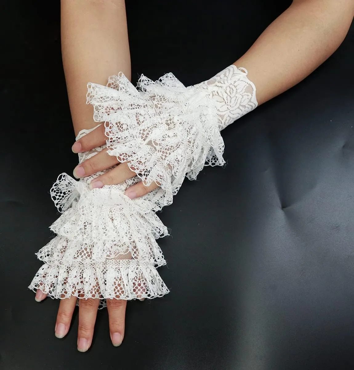 L'VOW 2Pcs Gothic Black Lace Feather Long Gloves for Women Halloween Witch Costume Swan Wristband Cuff