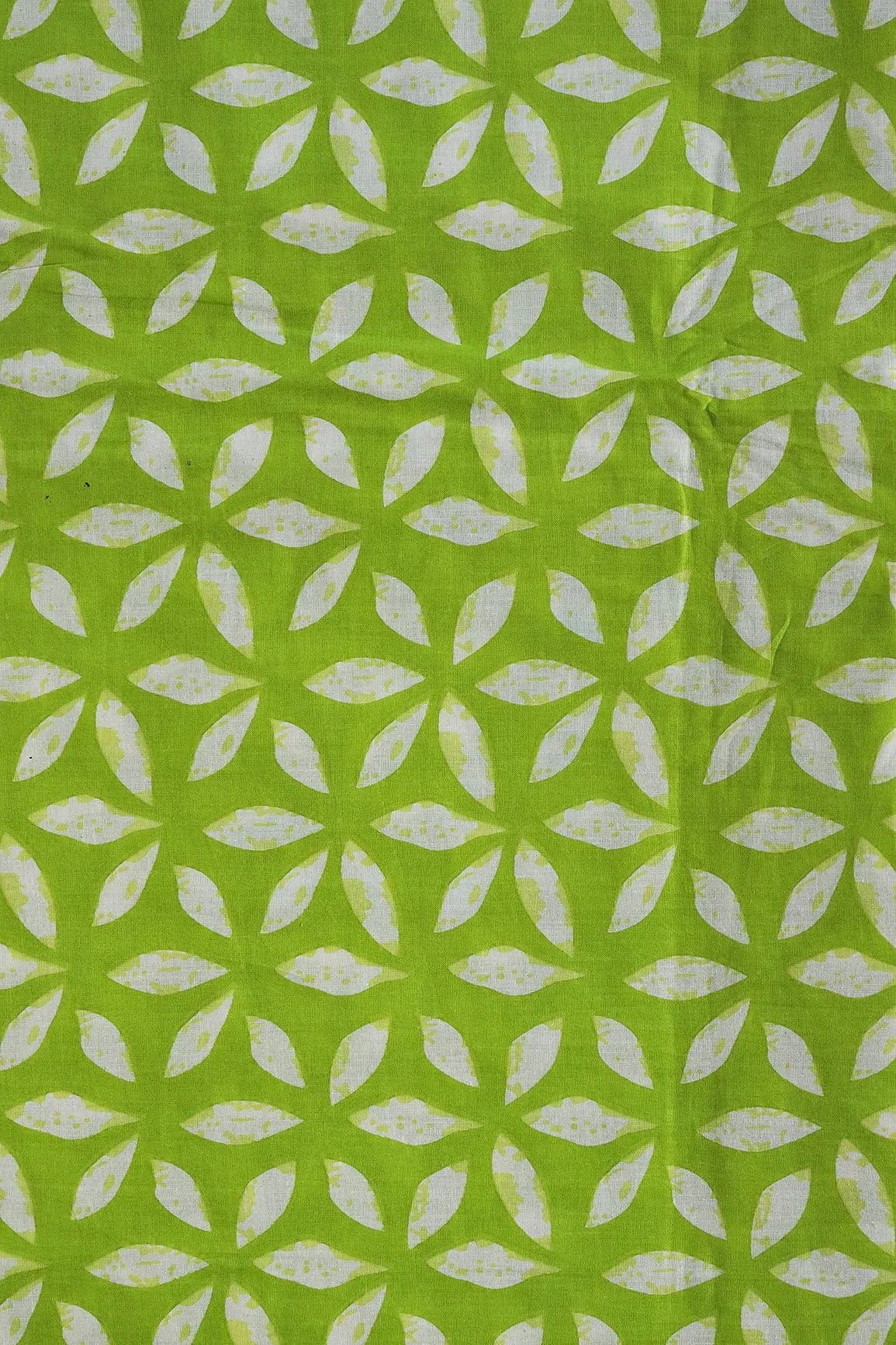 Parrot Green And White Leafy pattern Print On Pure Cotton Fabric