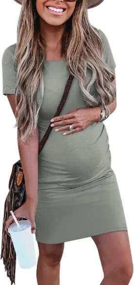 Peauty Everyday Essentials Maternity Bodycon Dress Side Ruch & Short Sleeve Dress for Baby Shower Daily (S-2XL)