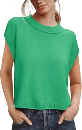 Saodimallsu Womens Cap Sleeve Sweater Vest Crew Neck Casual Loose Knit Summer Lightweight Pullover Tank Tops