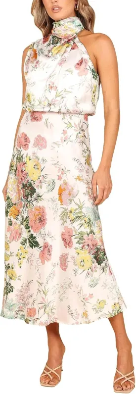 Silk Sleeveless Dress for Women Long Satin Cocktail Dress for Women Mock Neck Midi Dresses Summer Formal Wedding Guest Tulip Hemline Evening Party Prom Gown Reception Dresses White Floral Print S