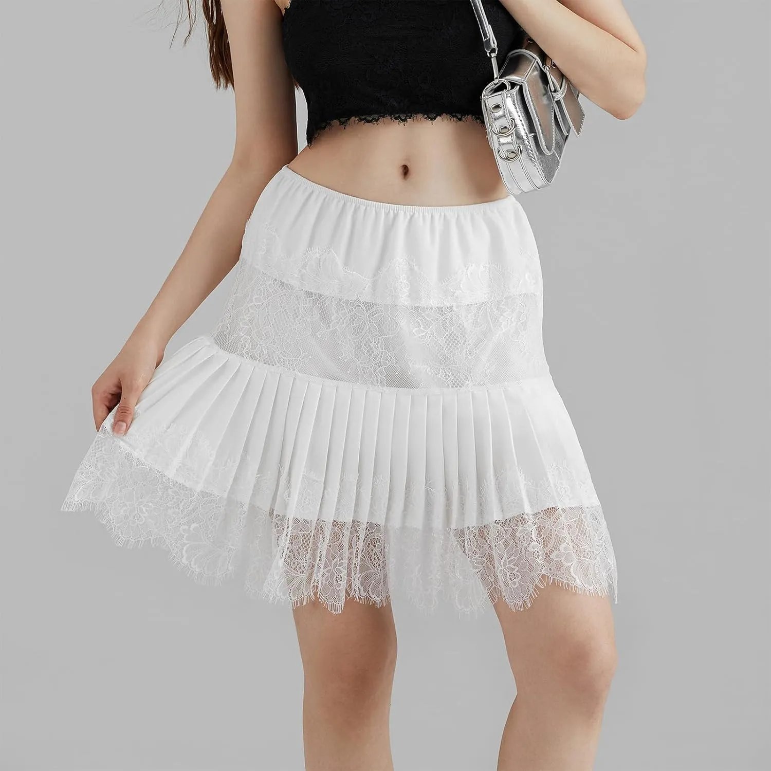 SOLILOQUY Women Lace Short Skirt Under Oversized T-shirt Low Rise Pleated Flowy Skirt Scallop Trim Half Slip Underskirt