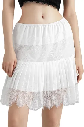 SOLILOQUY Women Lace Short Skirt Under Oversized T-shirt Low Rise Pleated Flowy Skirt Scallop Trim Half Slip Underskirt