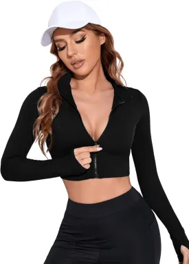 SweatyRocks Women's Long Sleeve Stand Collar Zip Up Crop Top Stretchy Sports Jacket Activewear