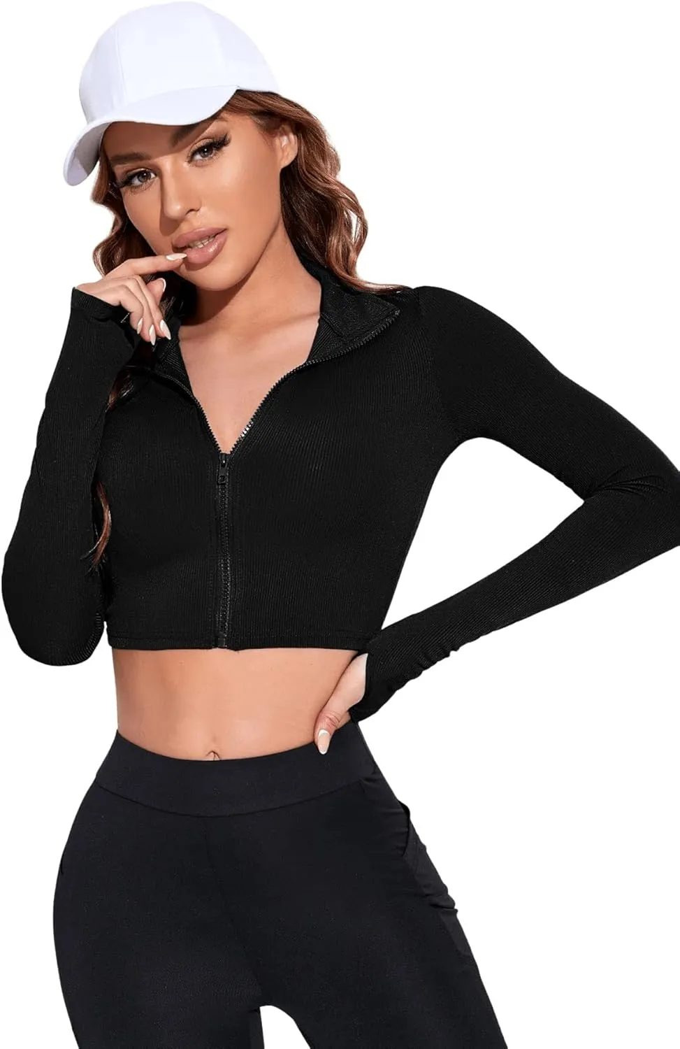 SweatyRocks Women's Long Sleeve Stand Collar Zip Up Crop Top Stretchy Sports Jacket Activewear