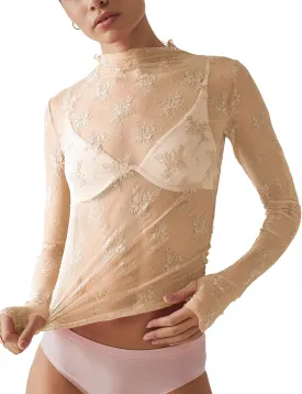 Ugerlov Women's Long Sleeve Mesh Top Mock Neck Sheer Blouse See Through Floral Lace Tops