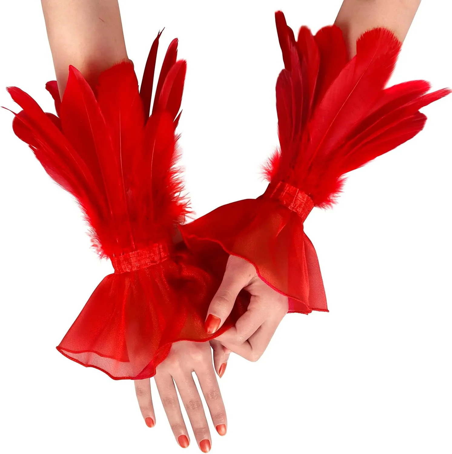 UQJE 2PCS Women's Lace Feather Long Gloves Gothic Mesh Cuff Wedding Halloween Party