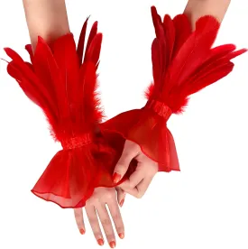 UQJE 2PCS Women's Lace Feather Long Gloves Gothic Mesh Cuff Wedding Halloween Party