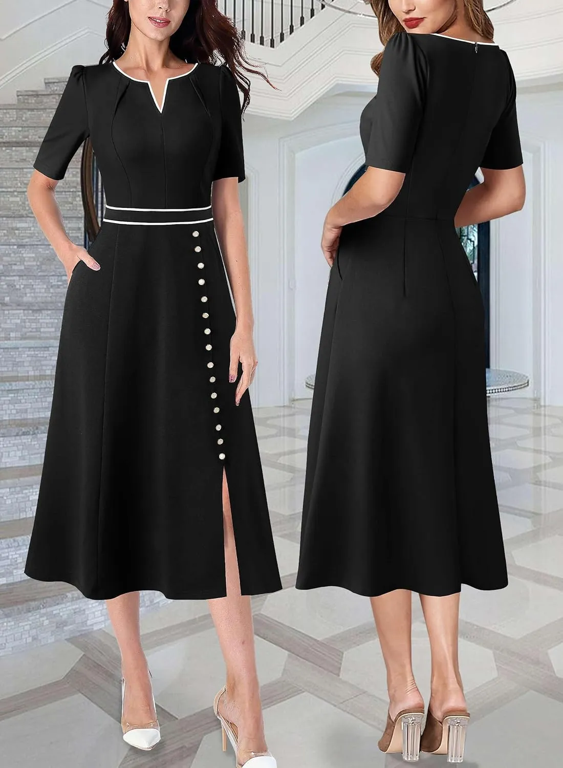 VFSHOW Women Pleated Notch V Neck Pockets Buttons Work Office Business A-Line Midi Dress