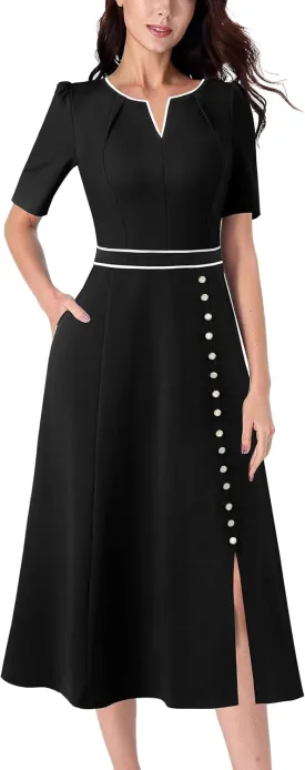 VFSHOW Women Pleated Notch V Neck Pockets Buttons Work Office Business A-Line Midi Dress