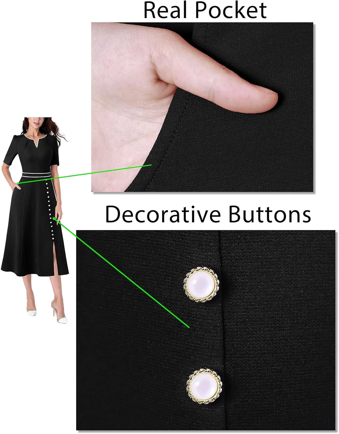 VFSHOW Women Pleated Notch V Neck Pockets Buttons Work Office Business A-Line Midi Dress