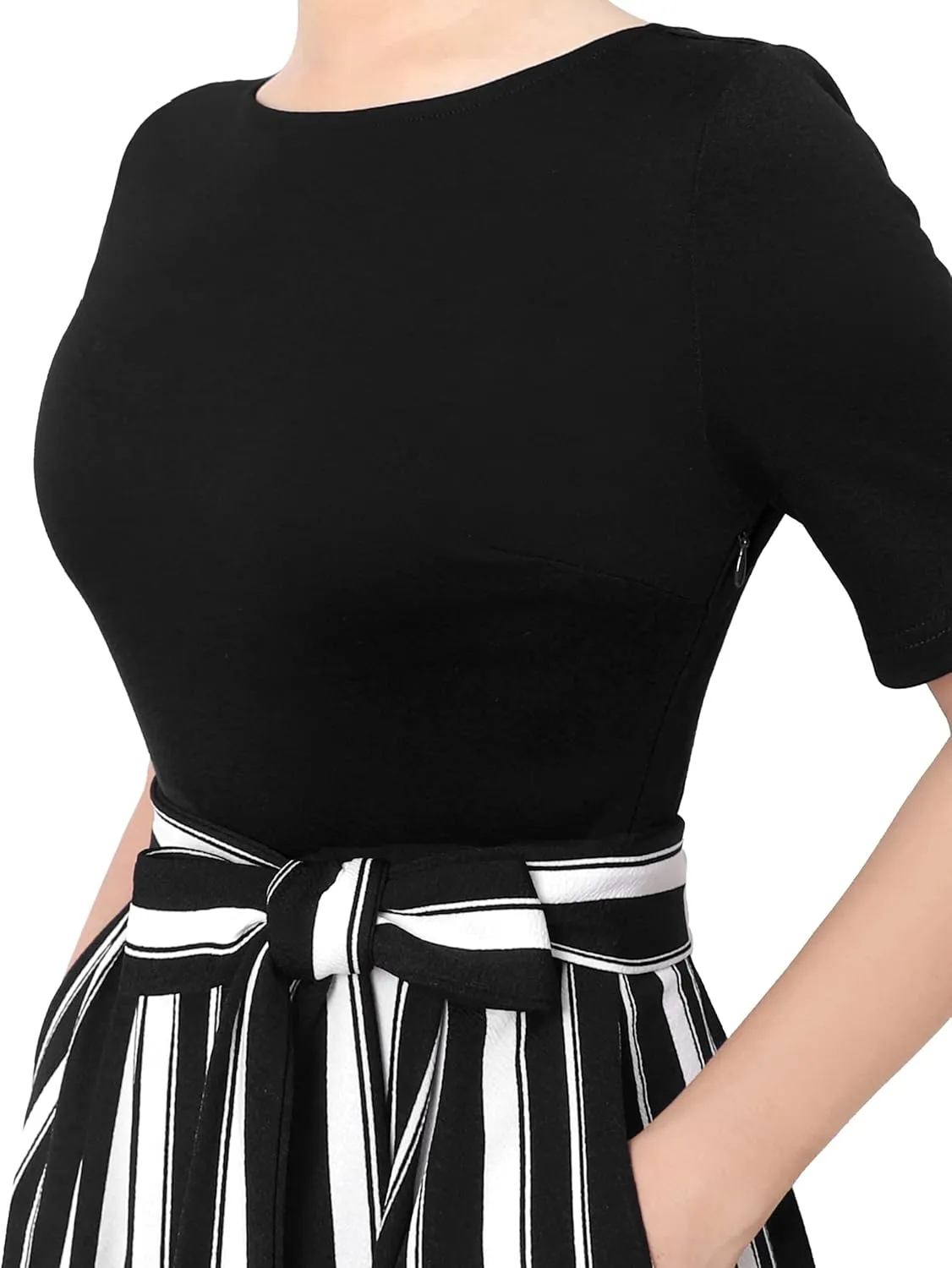 VFSHOW Womens Elegant Patchwork Pockets Pleated Work Office Business Casual Party Belted A-Line Midi Dress
