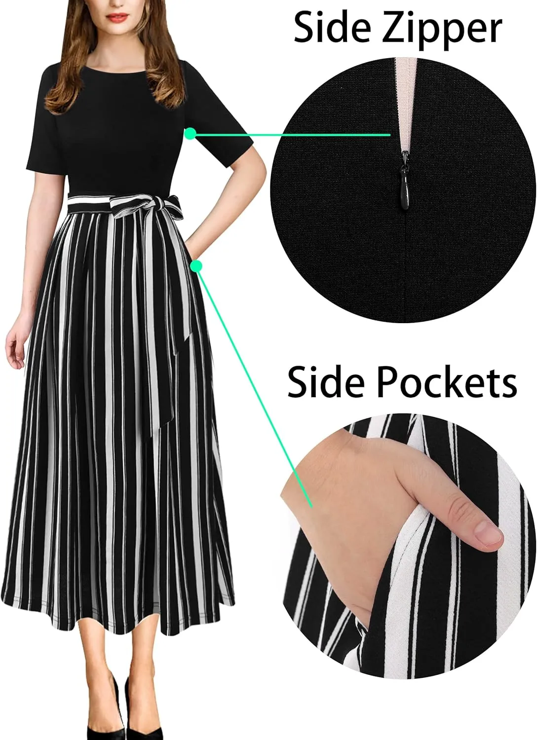 VFSHOW Womens Elegant Patchwork Pockets Pleated Work Office Business Casual Party Belted A-Line Midi Dress