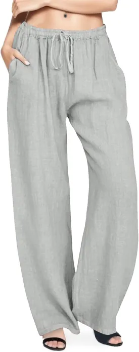 Wide Leg Linen Pants Women Summer Casual Linen Wide Leg Pants with Pockets Drawstring Beach Palazzo Pants Lounge Trousers, Large, #C1-grey