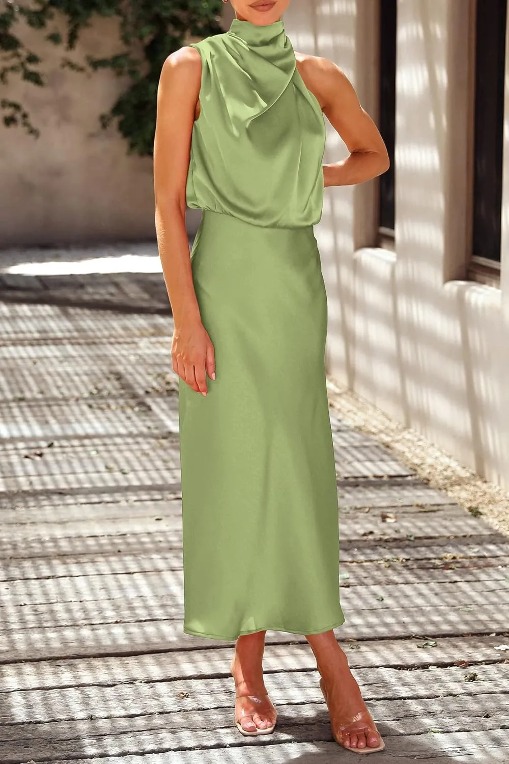 Women Sleeveless Mock Neck Cocktail Dresses Summer Long Satin Dress Elegant Party Side Slit Flowy Maxi Tank Dresses