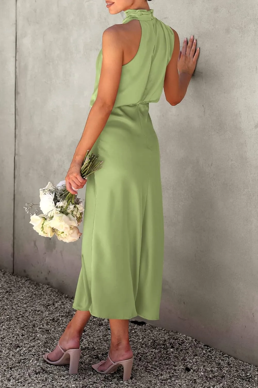 Women Sleeveless Mock Neck Cocktail Dresses Summer Long Satin Dress Elegant Party Side Slit Flowy Maxi Tank Dresses