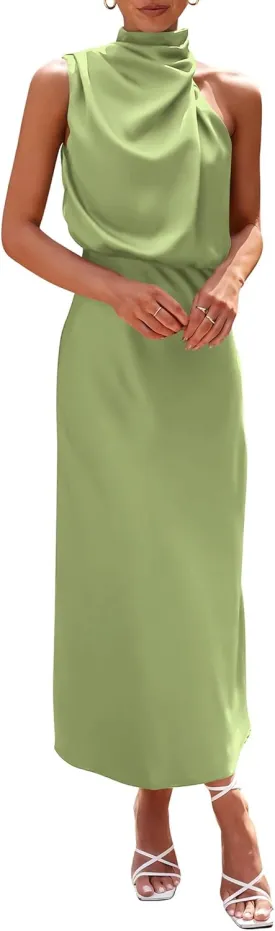 Women Sleeveless Mock Neck Cocktail Dresses Summer Long Satin Dress Elegant Party Side Slit Flowy Maxi Tank Dresses