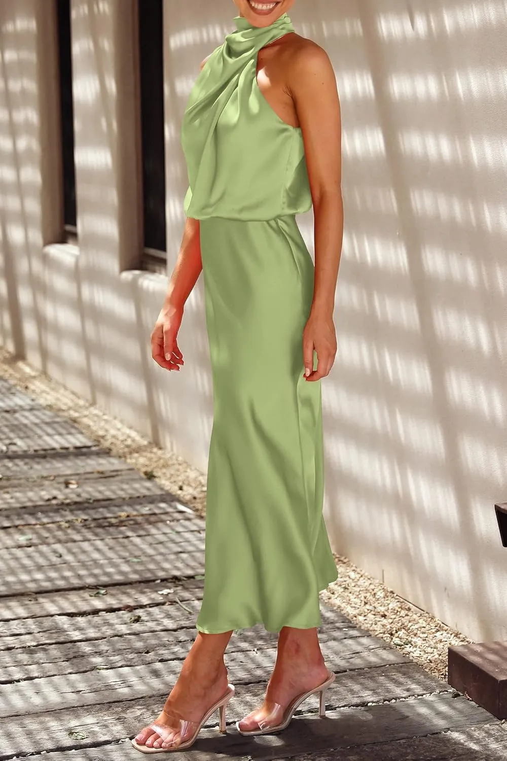 Women Sleeveless Mock Neck Cocktail Dresses Summer Long Satin Dress Elegant Party Side Slit Flowy Maxi Tank Dresses