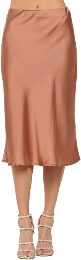 Women Solid High Waist Silky Casual Elastic Satin Midi Skirt -Made in USA (Available in Plus Size)
