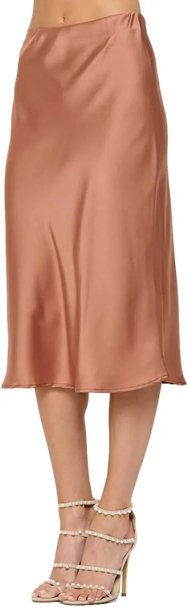 Women Solid High Waist Silky Casual Elastic Satin Midi Skirt -Made in USA (Available in Plus Size)