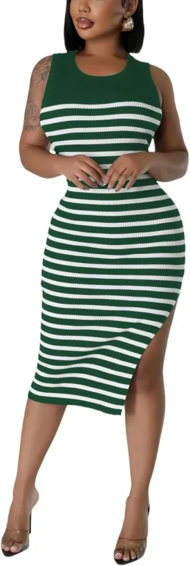 Women's Casual Ribbed Knit Bodycon Tank Dress Round Neck Sleeveless Slit Midi Dresses