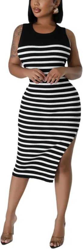 Women's Casual Ribbed Knit Bodycon Tank Dress Round Neck Sleeveless Slit Midi Dresses