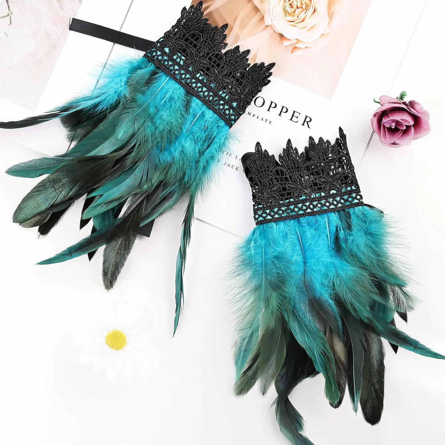 Women's Gothic Lace Feather Gloves Feather Arm Sleeve Wristband Mesh Cuff Cosplay Halloween Costume Accessories