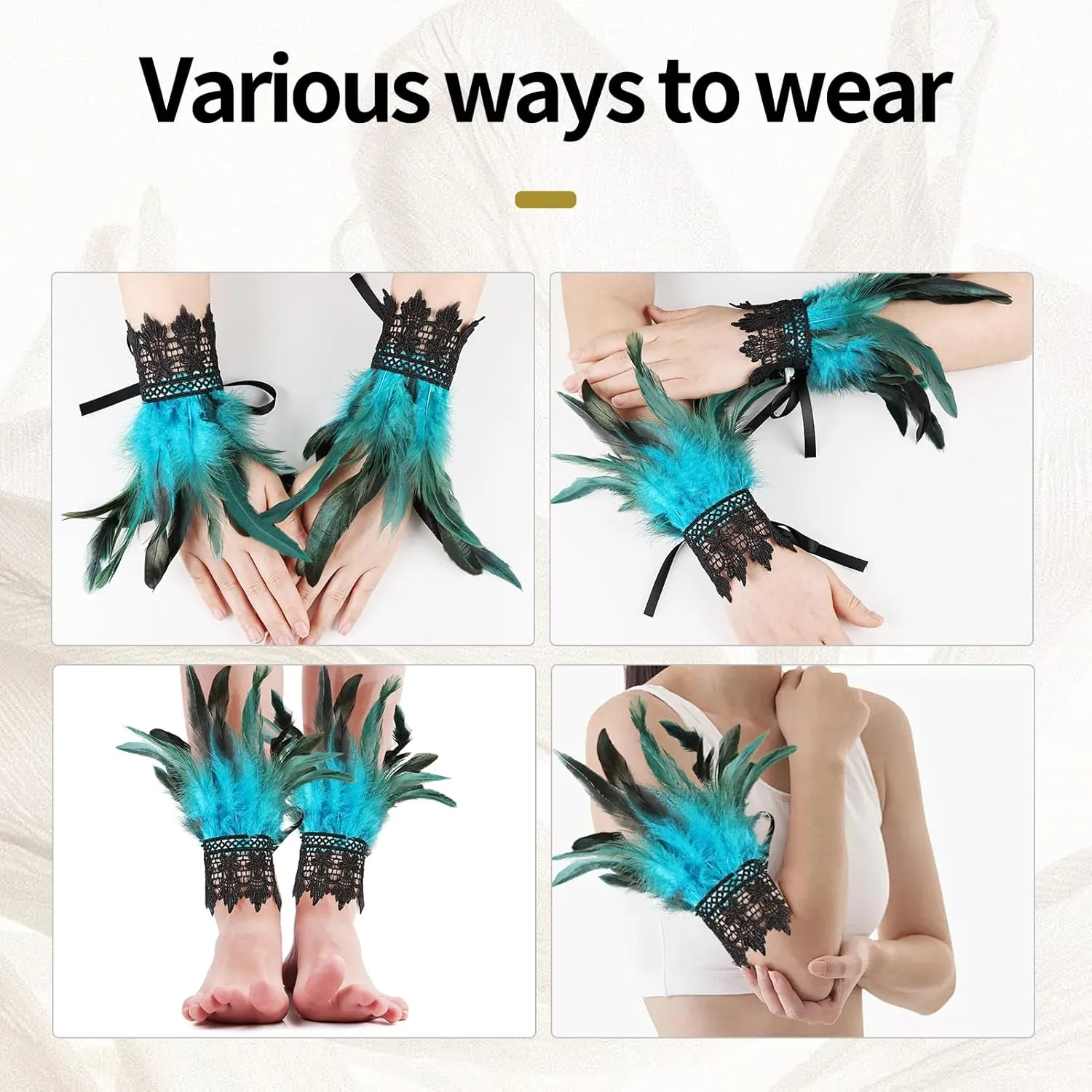 Women's Gothic Lace Feather Gloves Feather Arm Sleeve Wristband Mesh Cuff Cosplay Halloween Costume Accessories
