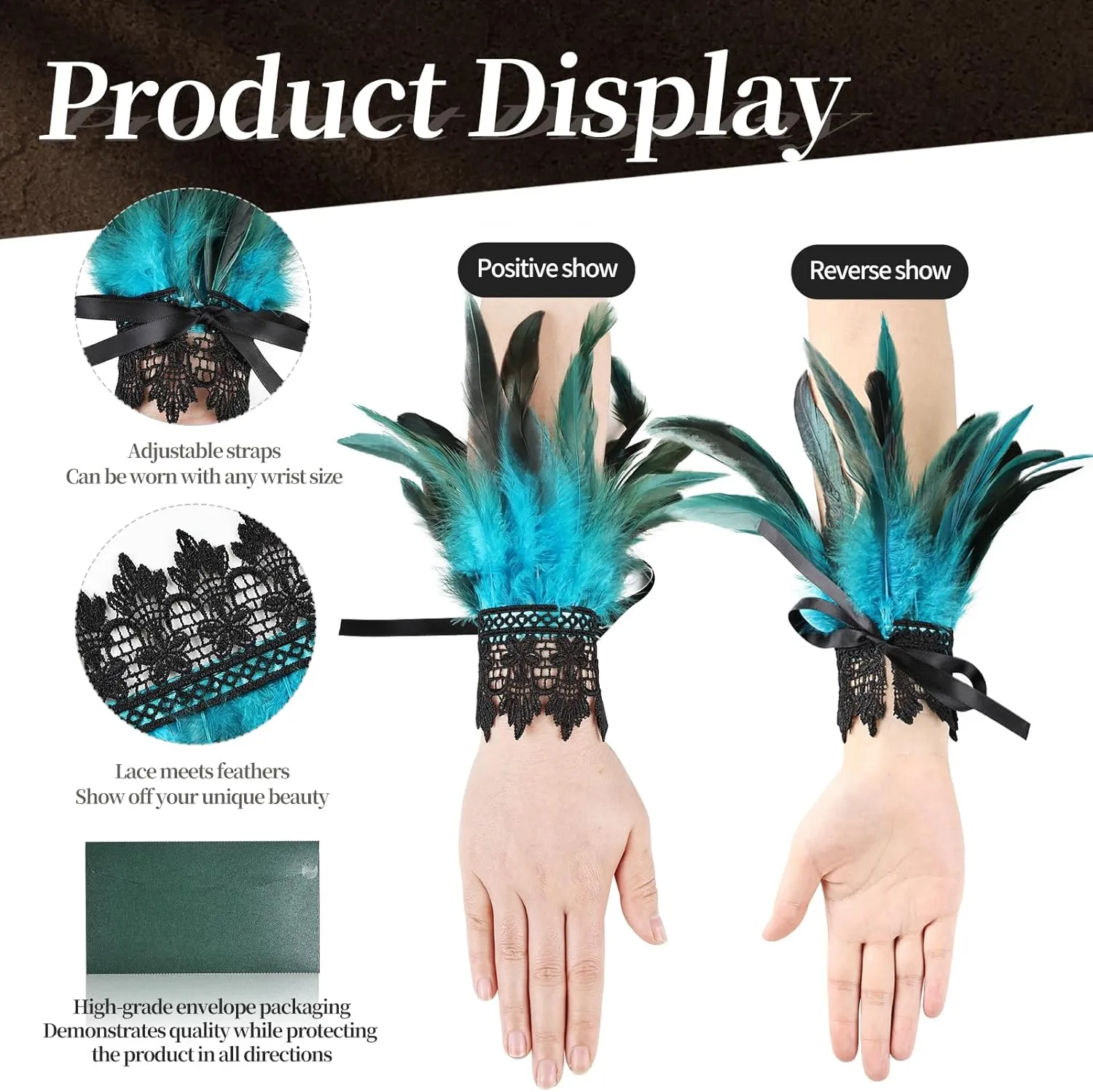 Women's Gothic Lace Feather Gloves Feather Arm Sleeve Wristband Mesh Cuff Cosplay Halloween Costume Accessories