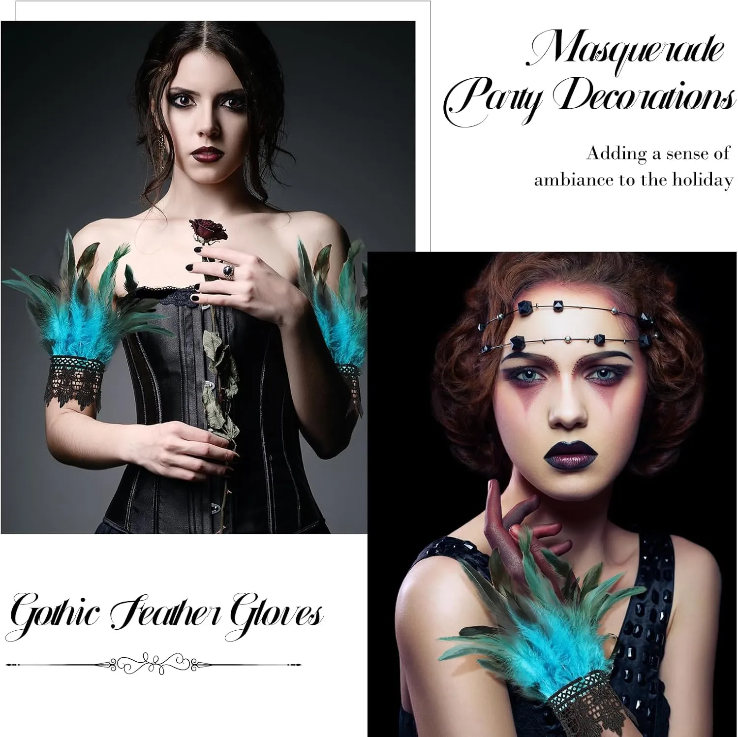 Women's Gothic Lace Feather Gloves Feather Arm Sleeve Wristband Mesh Cuff Cosplay Halloween Costume Accessories
