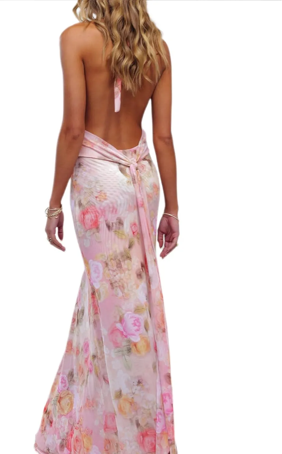 Womens Halter Floral Maxi Dress Deep V Neck Backless Bodycon Long Dresses Y2k Formal Cocktail Going Out Beachwear