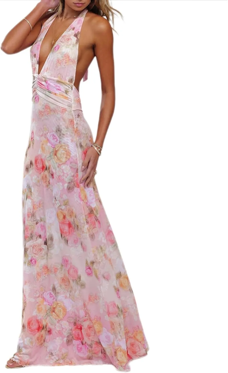 Womens Halter Floral Maxi Dress Deep V Neck Backless Bodycon Long Dresses Y2k Formal Cocktail Going Out Beachwear