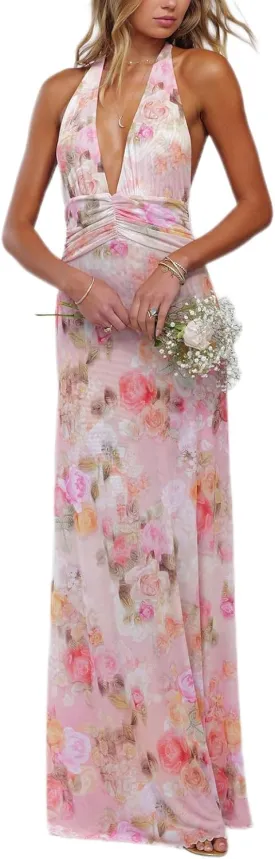 Womens Halter Floral Maxi Dress Deep V Neck Backless Bodycon Long Dresses Y2k Formal Cocktail Going Out Beachwear