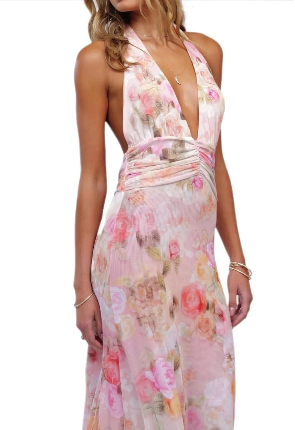 Womens Halter Floral Maxi Dress Deep V Neck Backless Bodycon Long Dresses Y2k Formal Cocktail Going Out Beachwear