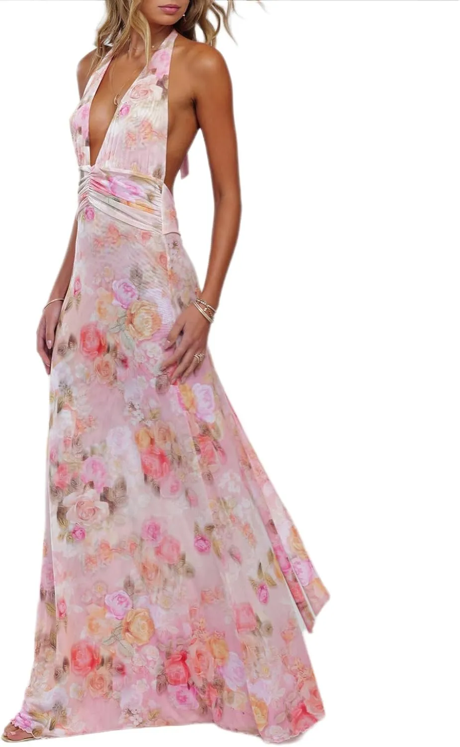 Womens Halter Floral Maxi Dress Deep V Neck Backless Bodycon Long Dresses Y2k Formal Cocktail Going Out Beachwear