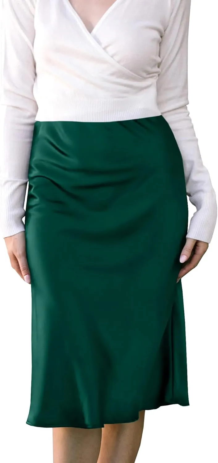 Womens High Waisted Midi Skirt Solid Satin Dress Zipper Elegant Work Skirts Flared Mid Skirts