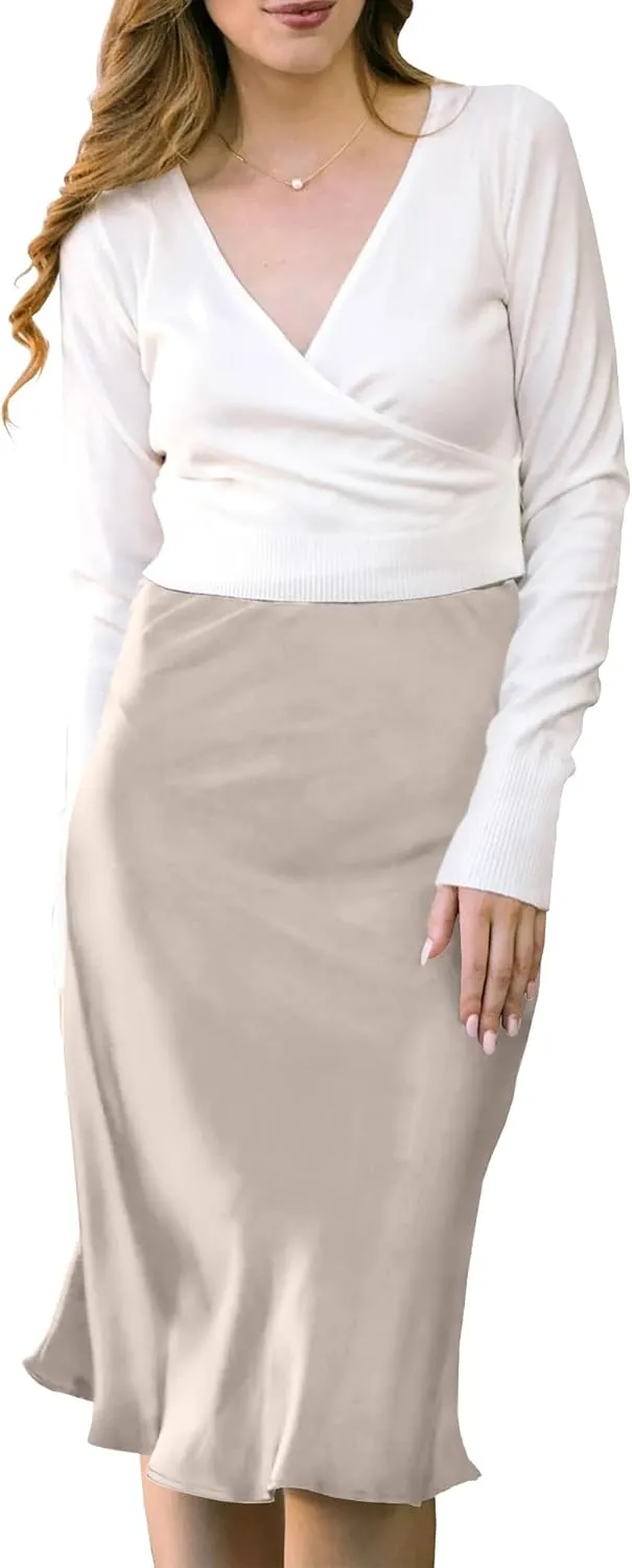 Womens High Waisted Midi Skirt Solid Satin Dress Zipper Elegant Work Skirts Flared Mid Skirts