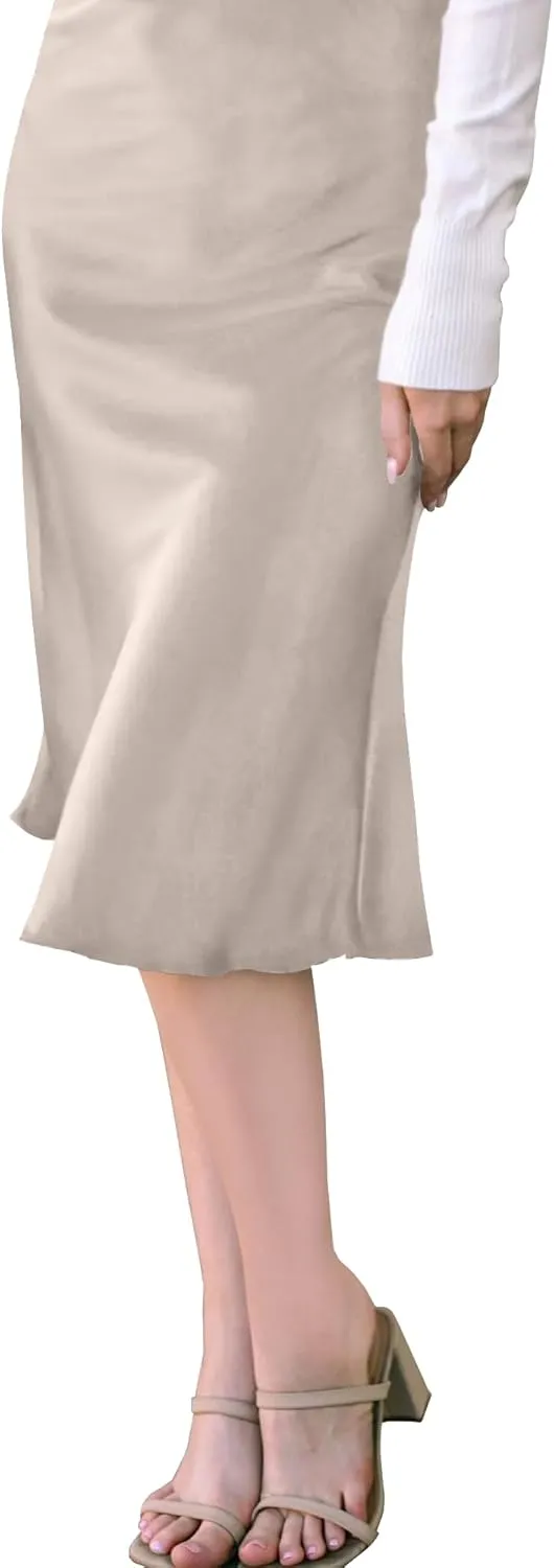 Womens High Waisted Midi Skirt Solid Satin Dress Zipper Elegant Work Skirts Flared Mid Skirts