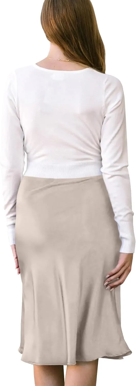 Womens High Waisted Midi Skirt Solid Satin Dress Zipper Elegant Work Skirts Flared Mid Skirts