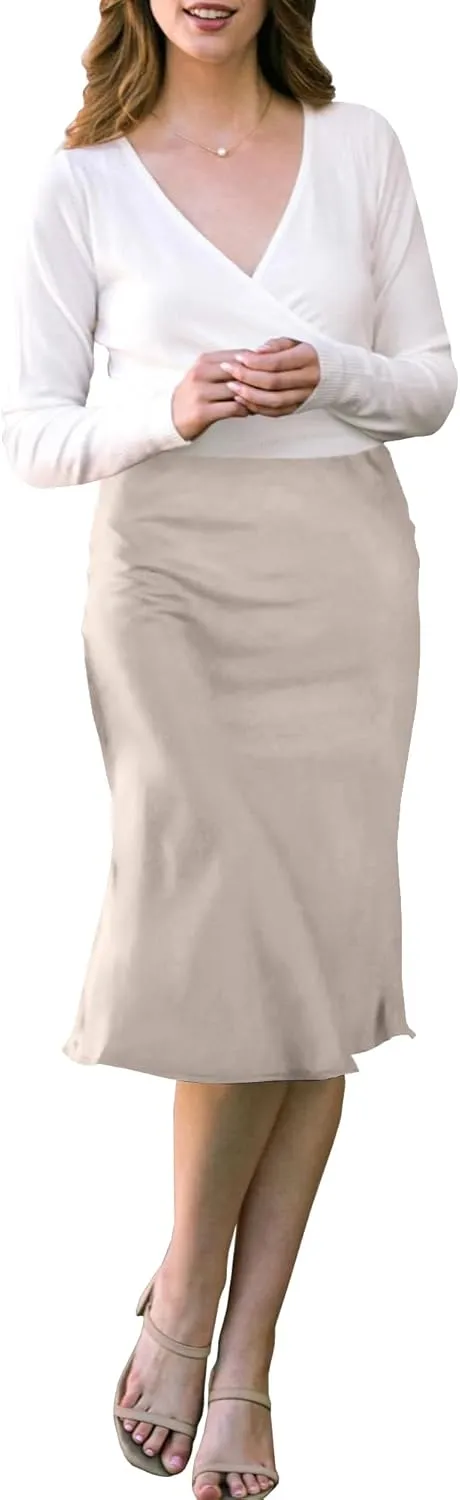 Womens High Waisted Midi Skirt Solid Satin Dress Zipper Elegant Work Skirts Flared Mid Skirts