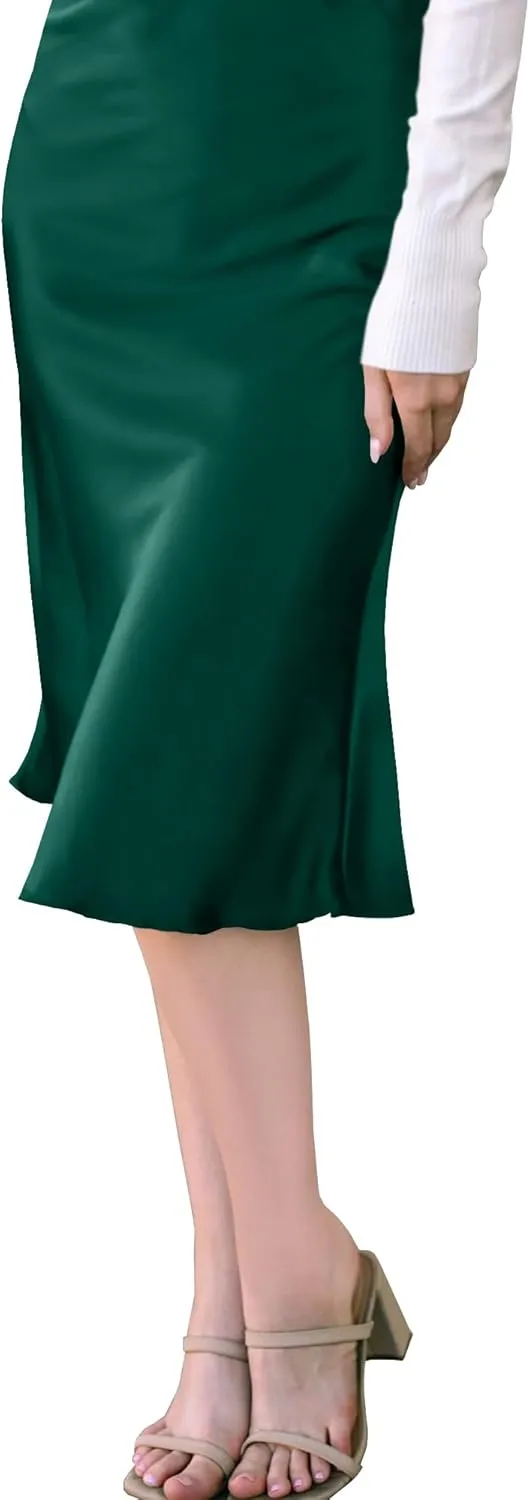 Womens High Waisted Midi Skirt Solid Satin Dress Zipper Elegant Work Skirts Flared Mid Skirts