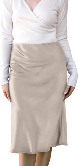 Womens High Waisted Midi Skirt Solid Satin Dress Zipper Elegant Work Skirts Flared Mid Skirts